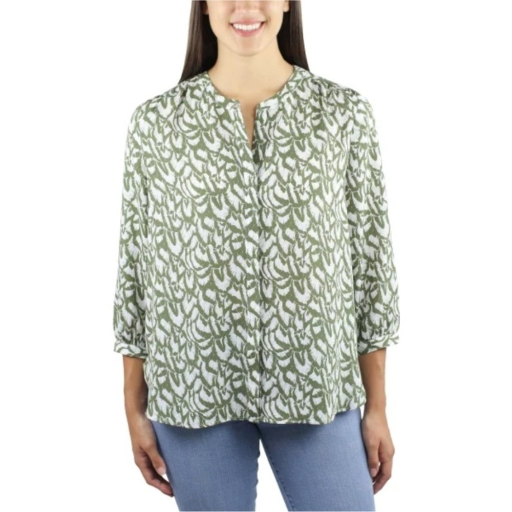 JACHS Girlfriend Blouse Top 3/4 Sleeve Green White Print Relaxed Fit S NWT $58
